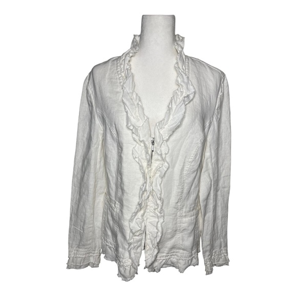White INC Raw Ruffle Hem 100% Linen Blazer Jacket L NWT - Picture 1 of 5